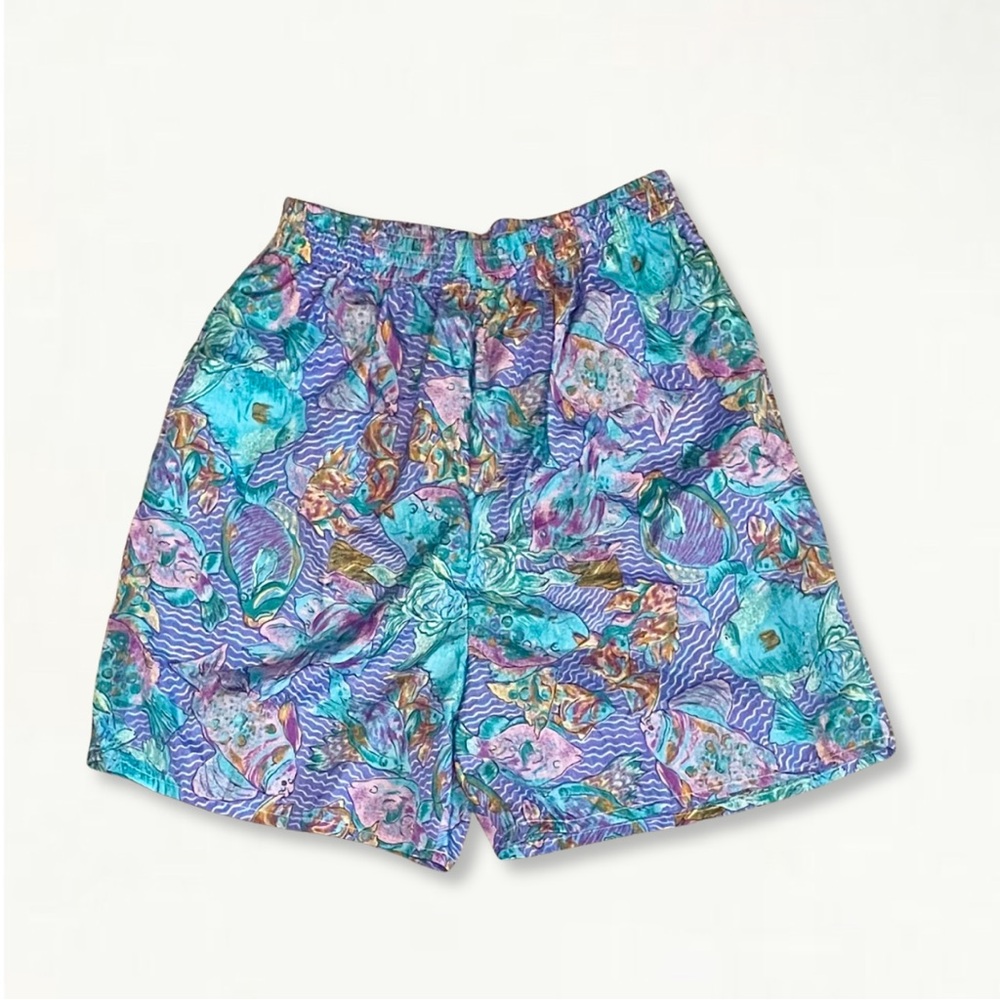 Vintage 1990s Colorful Geometric Fish Print 100% Nylon Swim Trunks Size Large